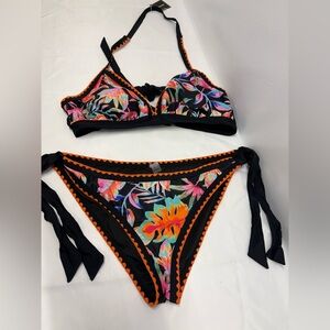 Floral Bikini Set two piece swimsuit Aztec Orange Trim size 2XL triangle tieside